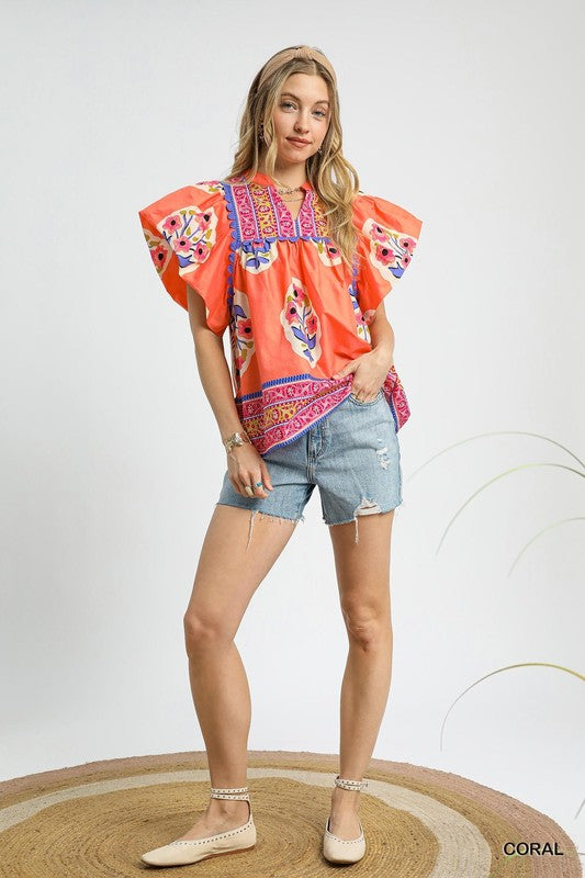 Bohemian Queen Floral Top Coral