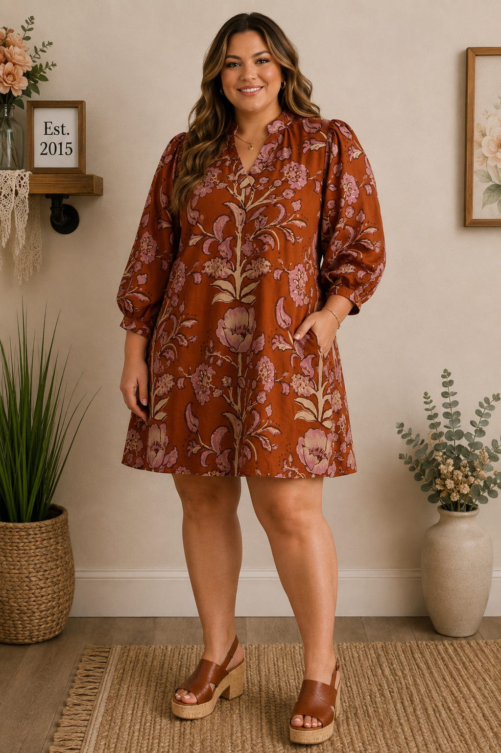 Sally Side Pocket 3/4 Sleeve Floral Dress Rust