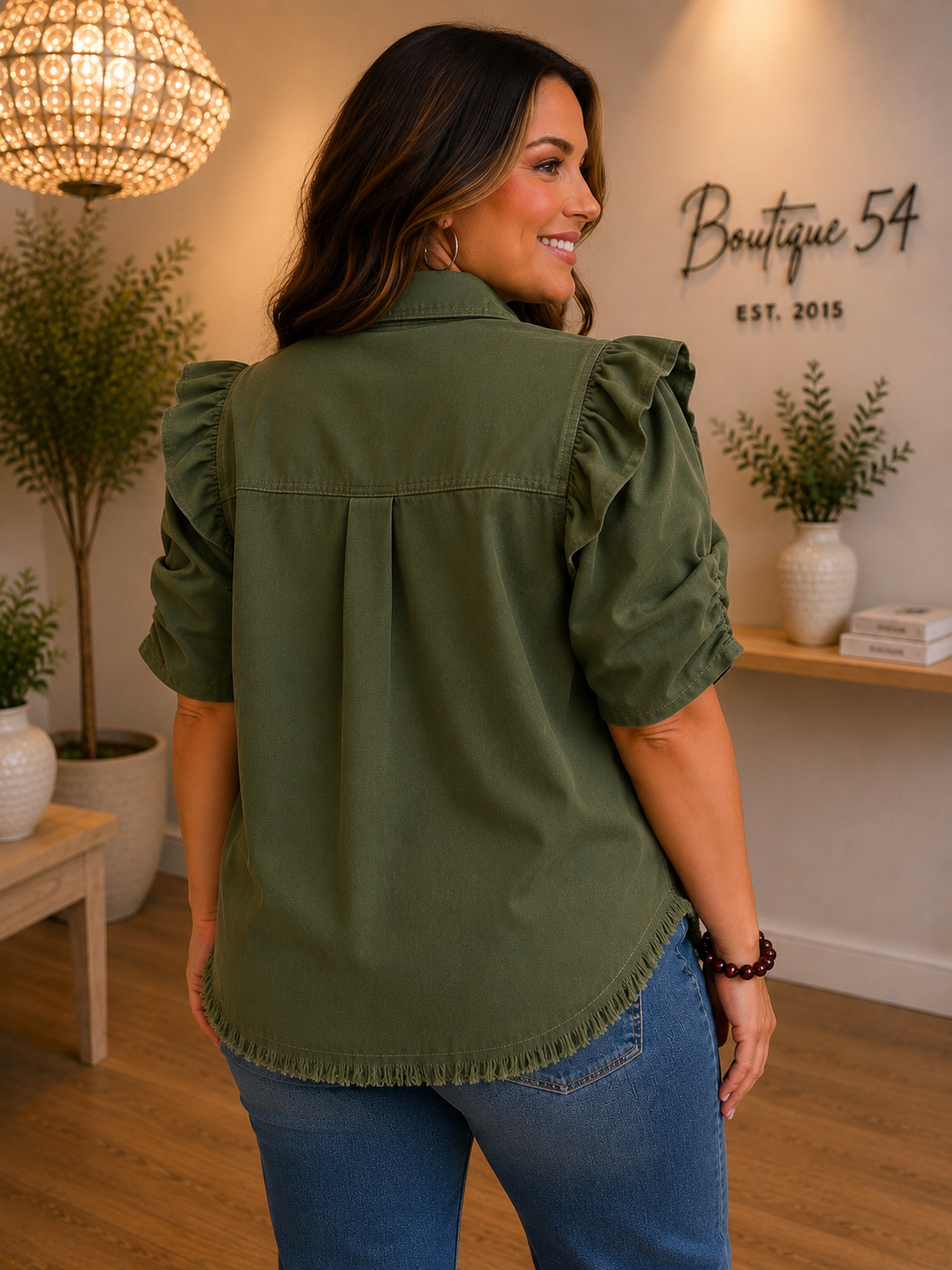 Raylee Ruffled Sleeve Linen Button Up Top Olive