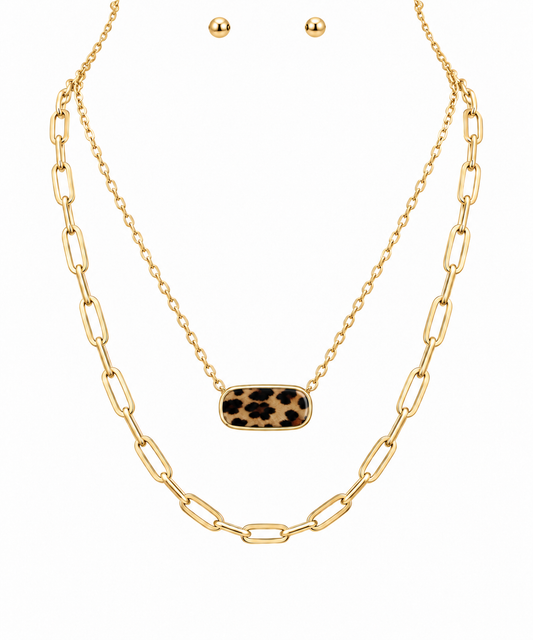Animal Print Oval Layer Necklace Set Brown
