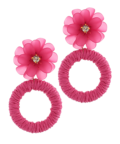 Flower & Raffia Circle Drop Earrings Fuchsia