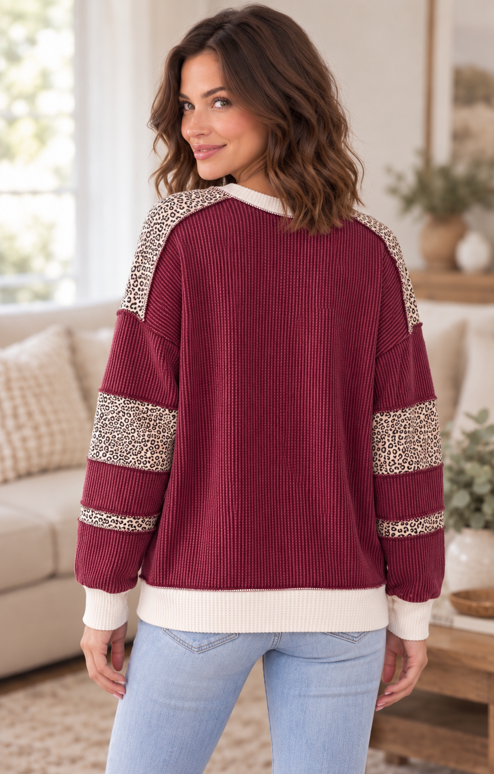 Lucy Leopard Print Contrast Ribbed Sweatshirt Burgundy