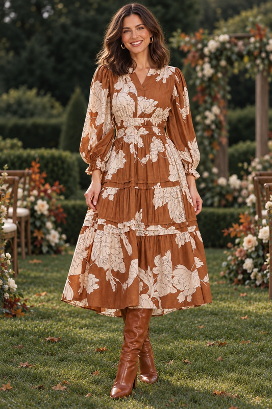 Palmer 3/4 Sleeve Floral Tiered Midi Dress Caramel
