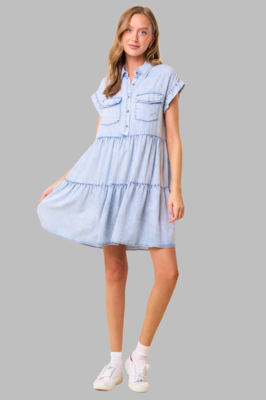 Haley Half Button Short Sleeve Tiered Dress Light Denim