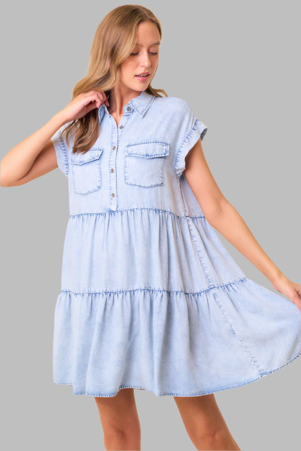 Haley Half Button Short Sleeve Tiered Dress Light Denim
