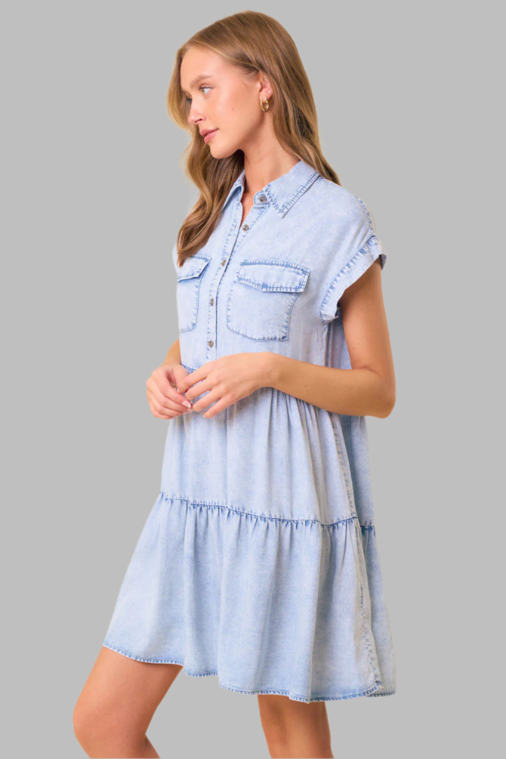 Haley Half Button Short Sleeve Tiered Dress Light Denim