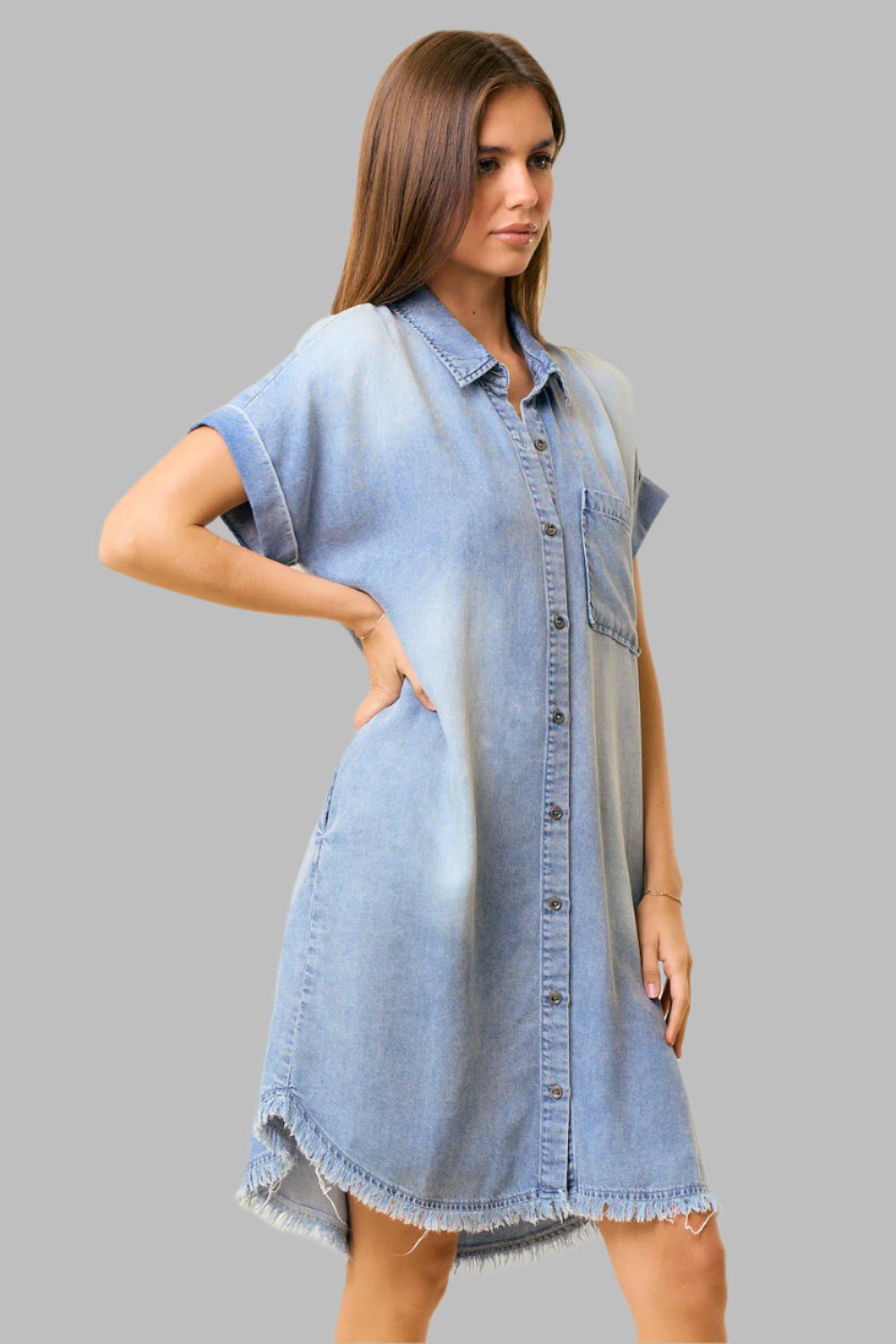 Brenda Dolman Short Sleeve Mini Dress Light Denim