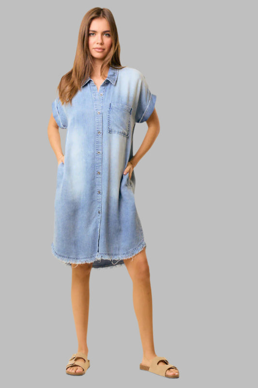 Brenda Dolman Short Sleeve Mini Dress Light Denim