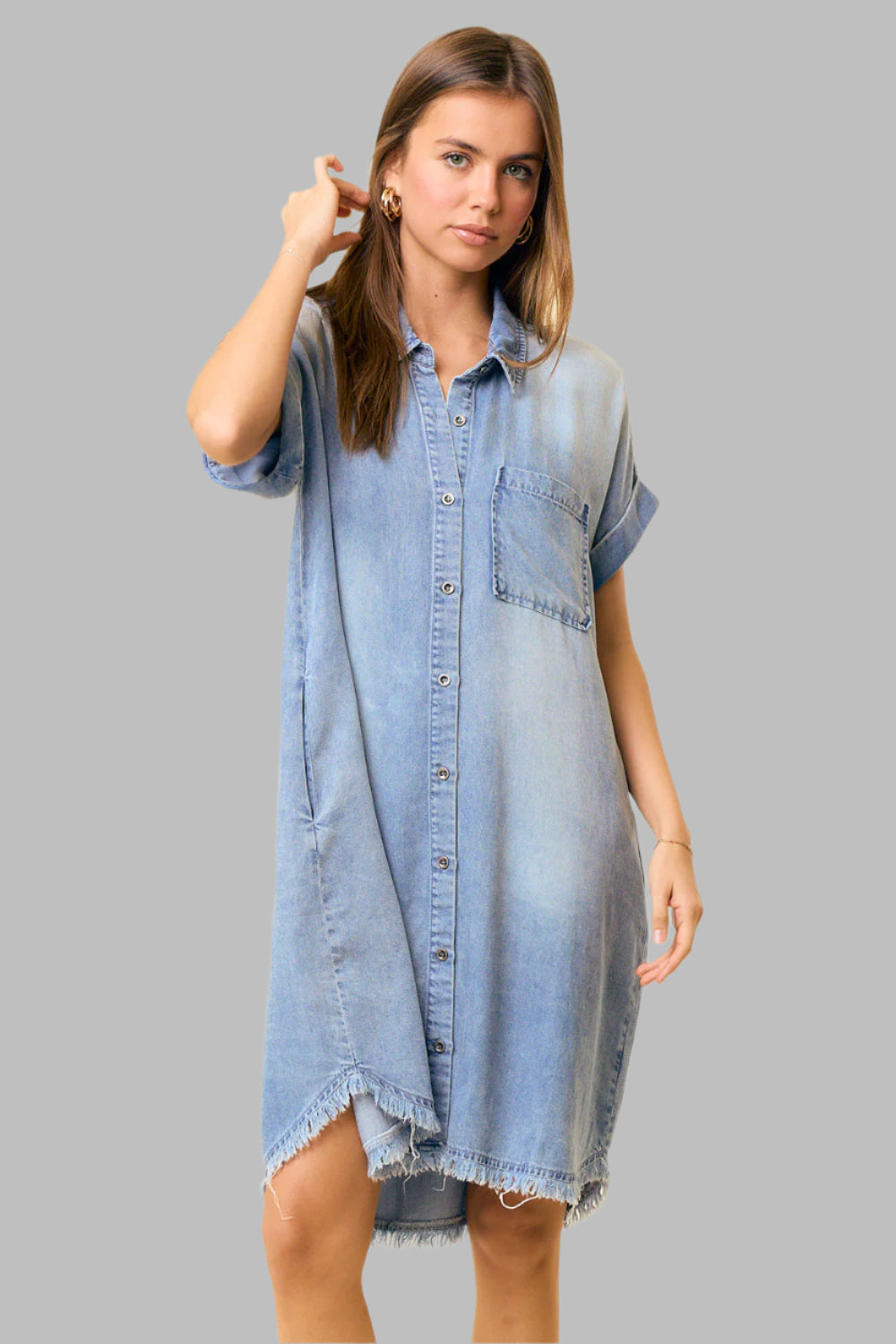 Brenda Dolman Short Sleeve Mini Dress Light Denim