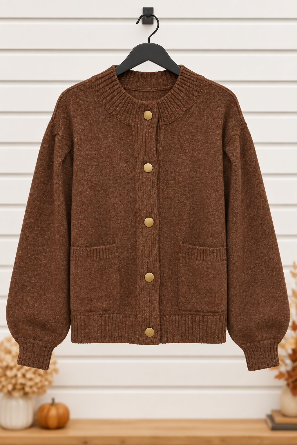 Delaney Drop Shoulder Long Puff Sleeve Sweater Cardigan Brown