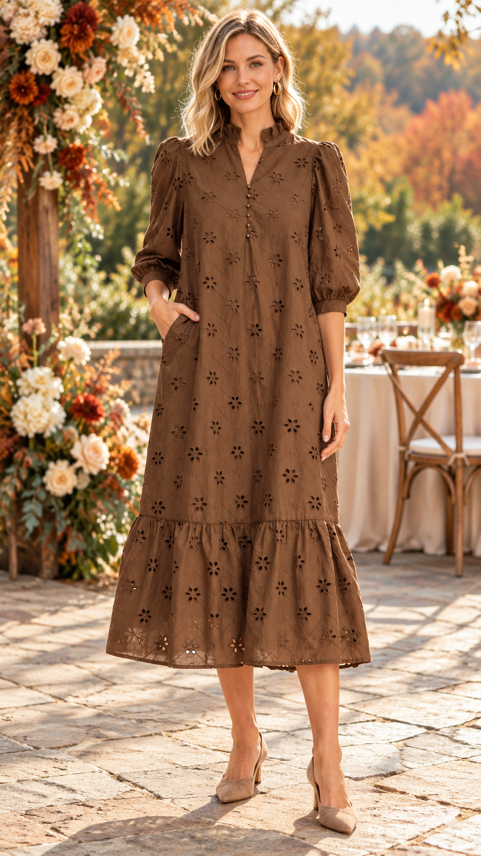 Skylar Solid 3/4 Puff Sleeve Dress Brown