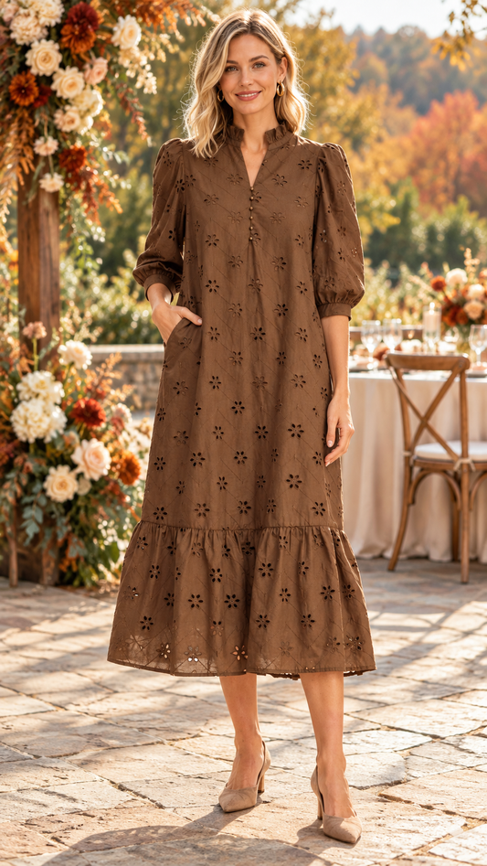 Skylar Solid 3/4 Puff Sleeve Dress Brown