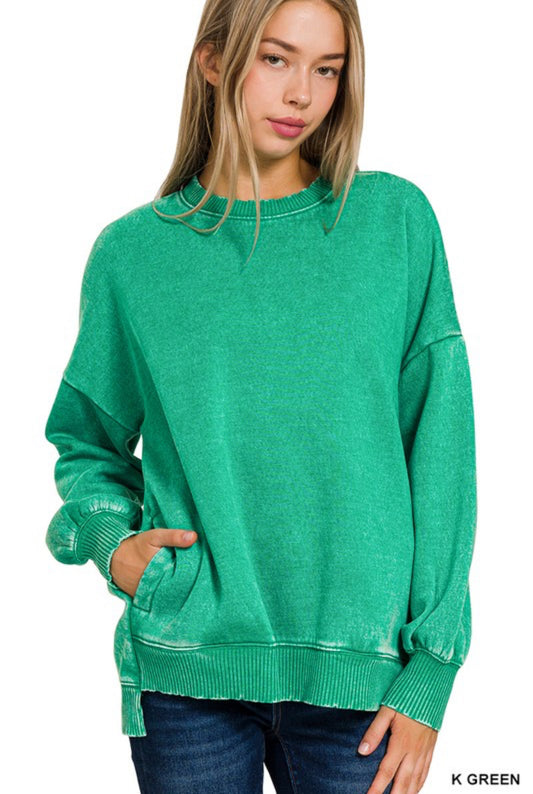 Arlene Acid Washed High Low Hem Pullover With Pockets Kelly Green