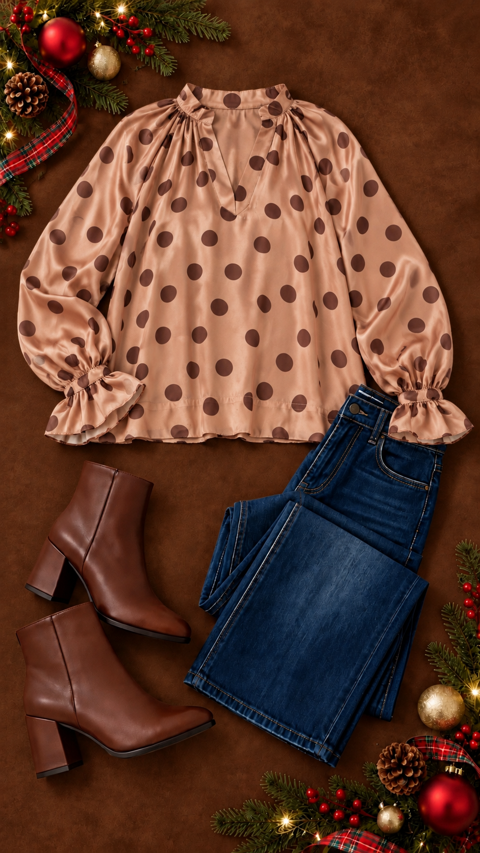 Paxton Poka Dot Long Puff Sleeve Top Taupe