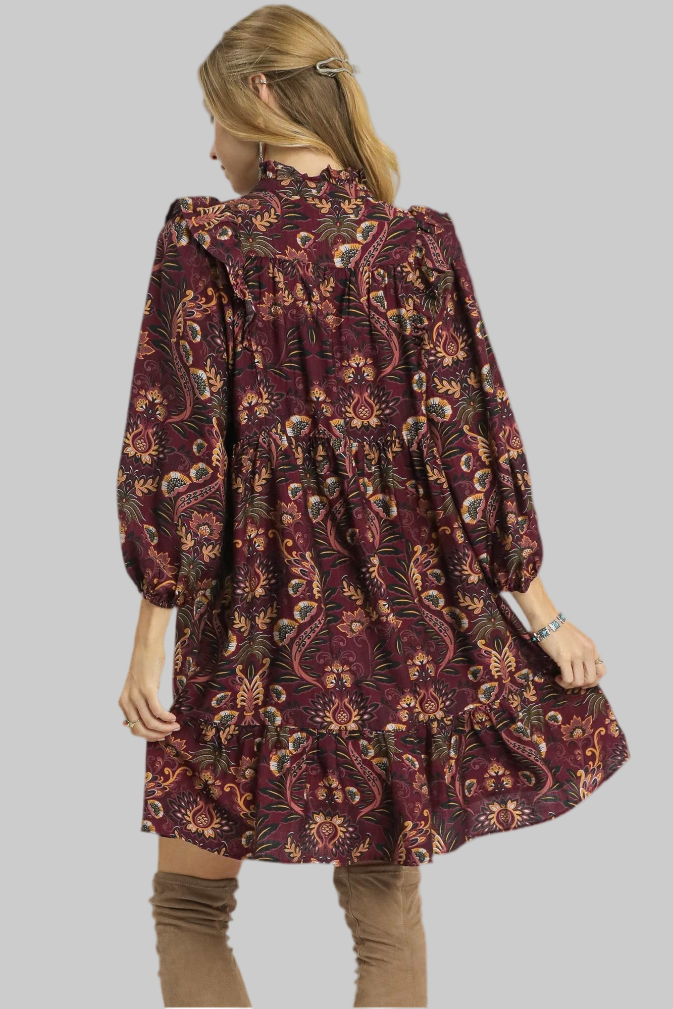 Mandy Mix Floral Long Sleeve Dress Wine