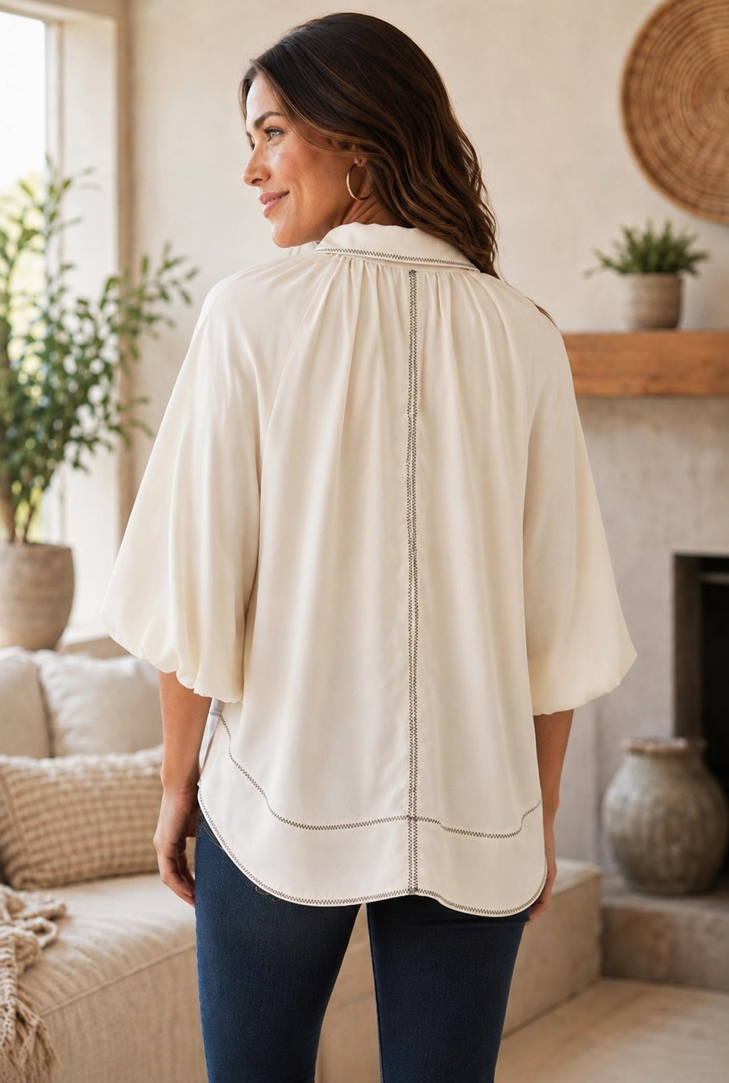 Sierra Satin Balloon Sleeve Button Down Blouse Cream'