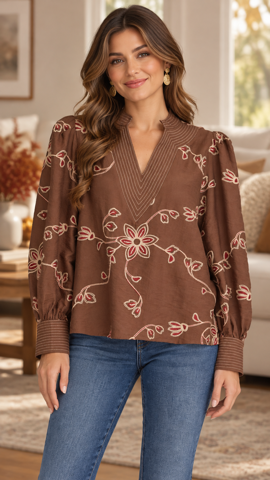 Faith Floral Embroidered Long Puff Sleeve Top Brown