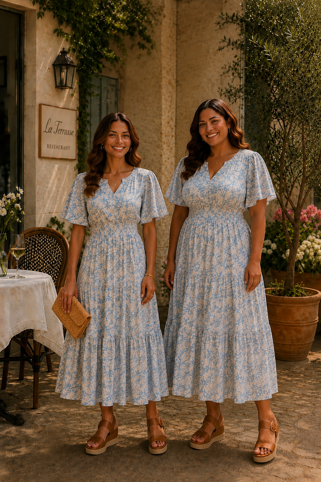 Serenity Short Sleeve Woven V Neck Tiered Midi Dress Blue