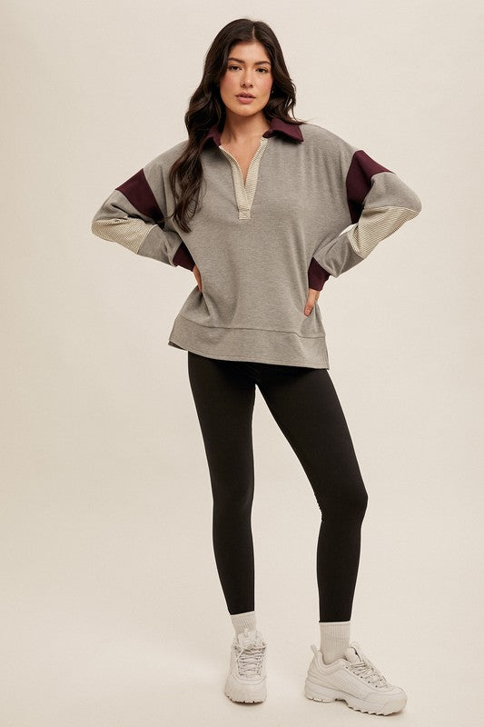 Amelia Brushed Colorblock Pullover Charcoal/Eggplant