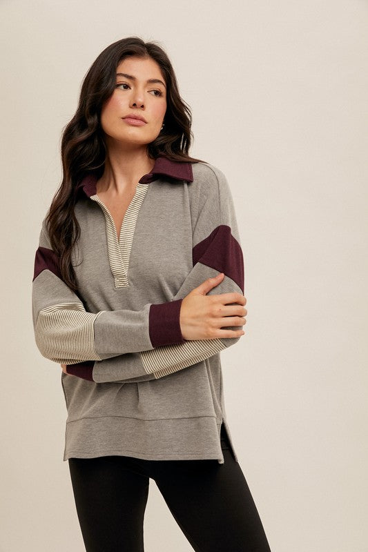 Amelia Brushed Colorblock Pullover Charcoal/Eggplant