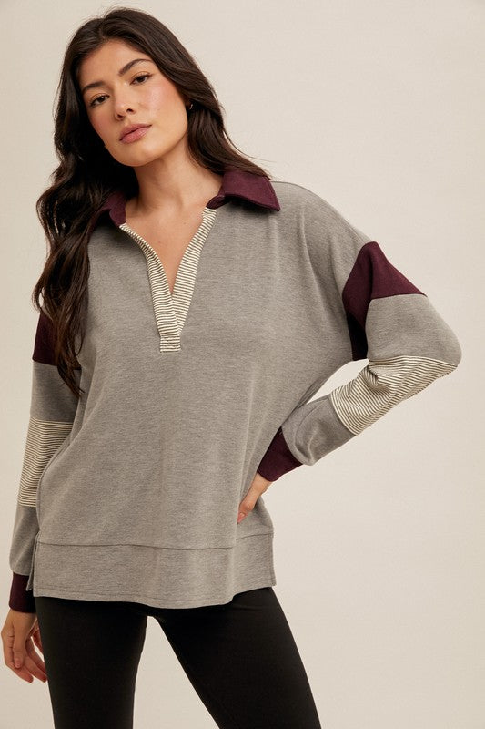 Amelia Brushed Colorblock Pullover Charcoal/Eggplant