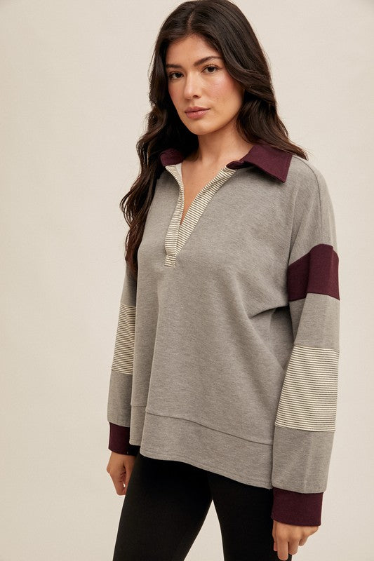 Amelia Brushed Colorblock Pullover Charcoal/Eggplant