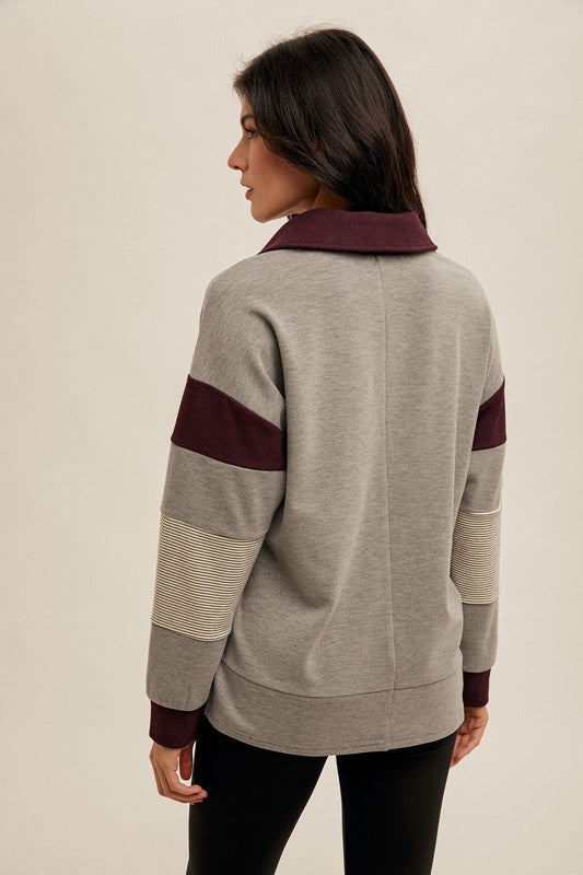 Amelia Brushed Colorblock Pullover Charcoal/Eggplant