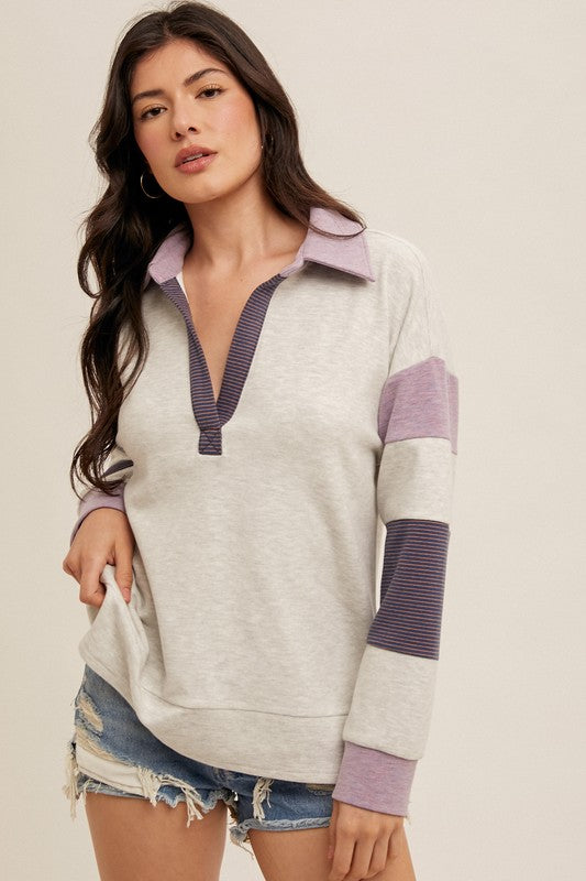 Amelia Brushed Colorblock Pullover Heather Grey Orchid