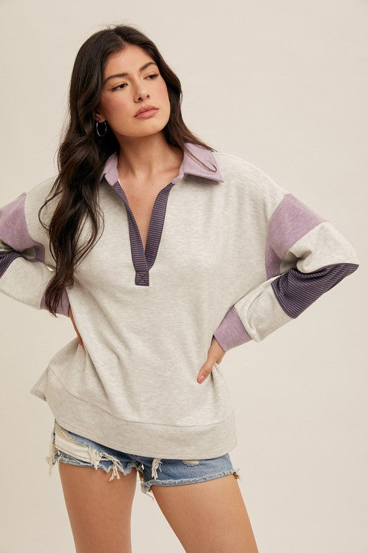 Amelia Brushed Colorblock Pullover Heather Grey Orchid