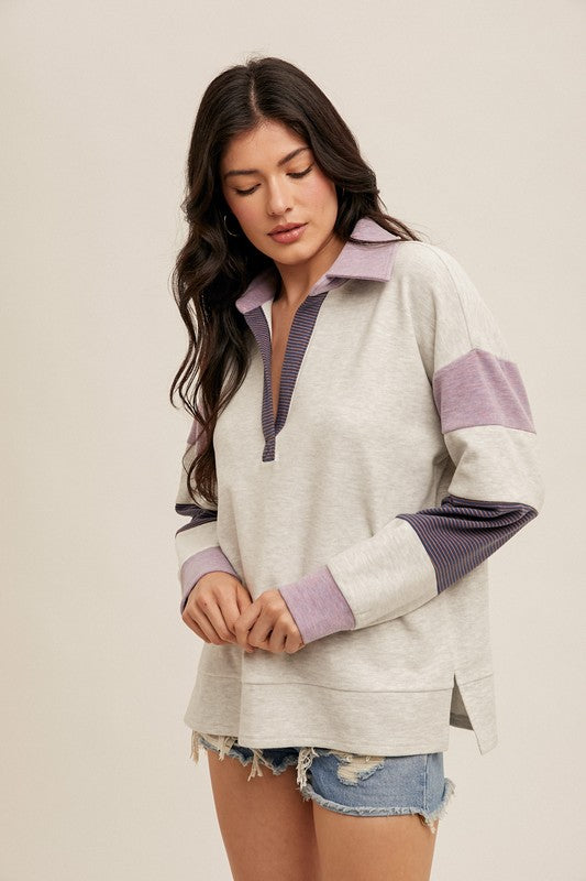 Amelia Brushed Colorblock Pullover Heather Grey Orchid