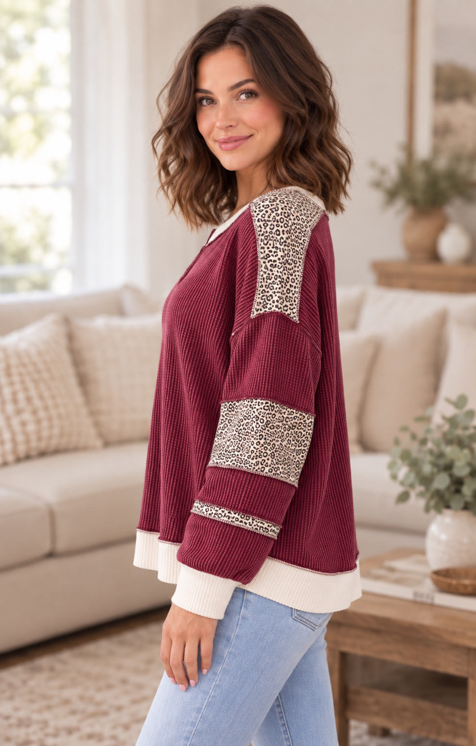 Lucy Leopard Print Contrast Ribbed Sweatshirt Burgundy
