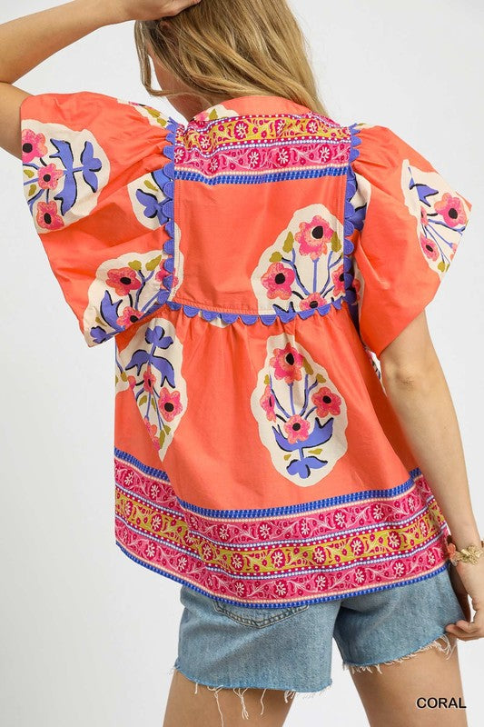 Bohemian Queen Floral Top Coral