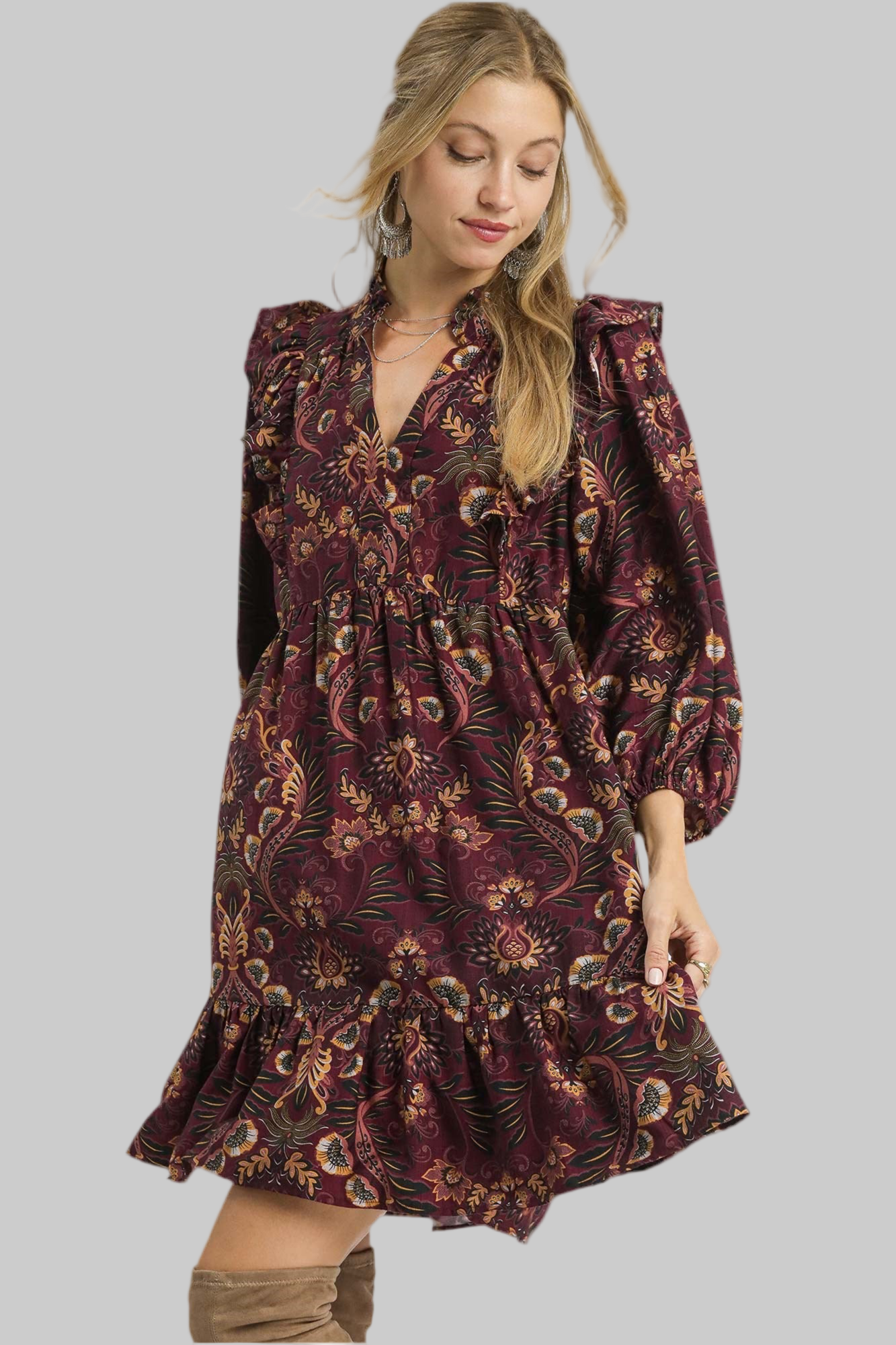 Mandy Mix Floral Long Sleeve Dress Wine