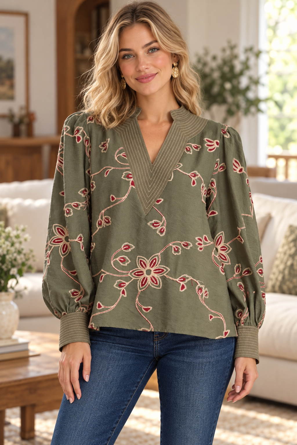 Faith Floral Embroidered Long Puff Sleeve Top Olive