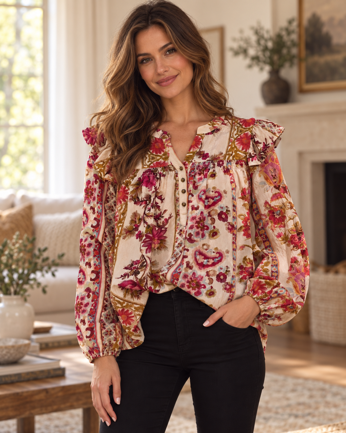 Francesca Floral Printed Blouse Ecru Mix