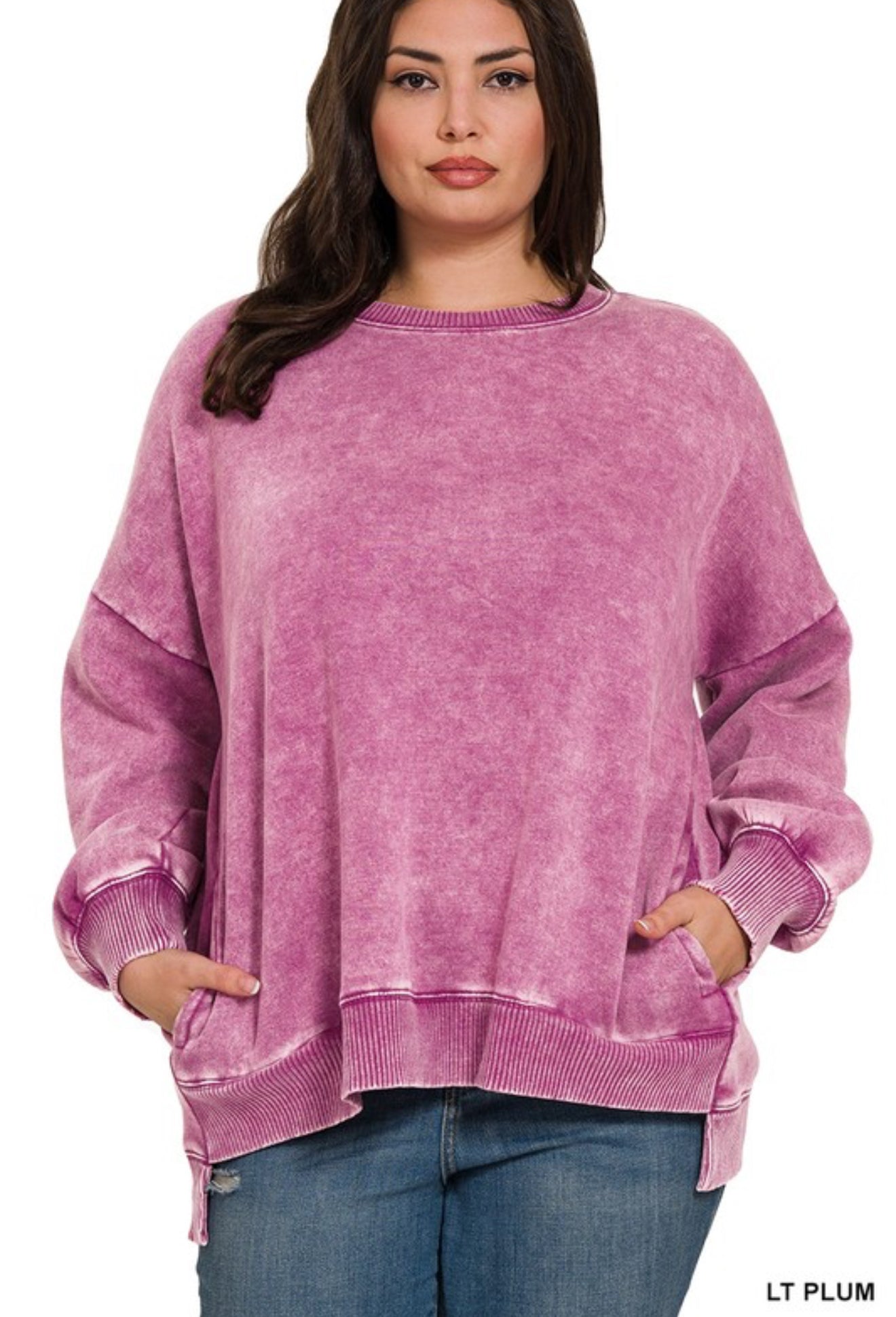 Arlene Acid Washed High Low Hem Pullover With Pockets