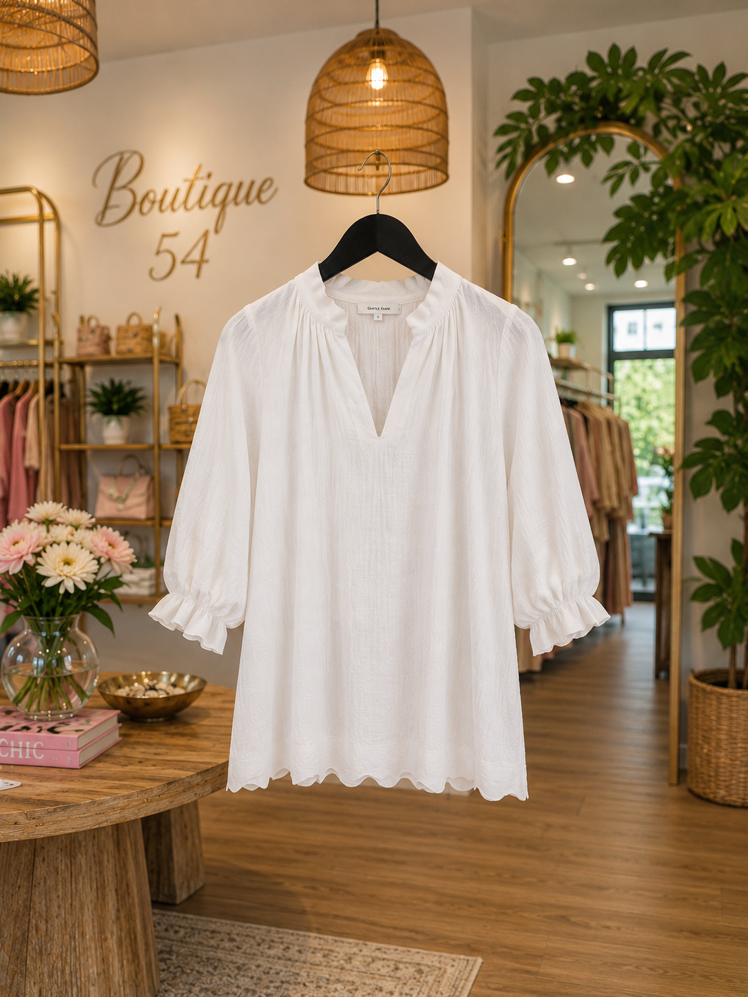 Sylvia Scalloped Edge V-neck Blouse Off White