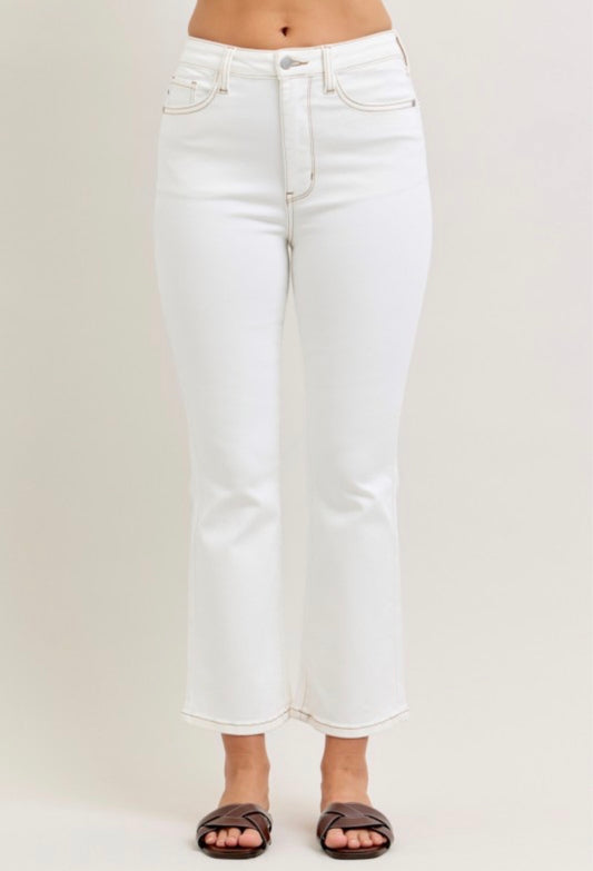 Judy Blue High Waist Tummy Control Kick Flare Jeans White