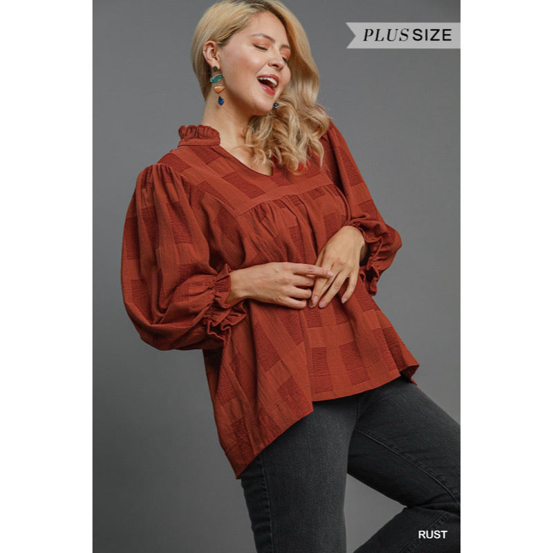 Jasmine Jacquard Ruffle V Neck Top Rust