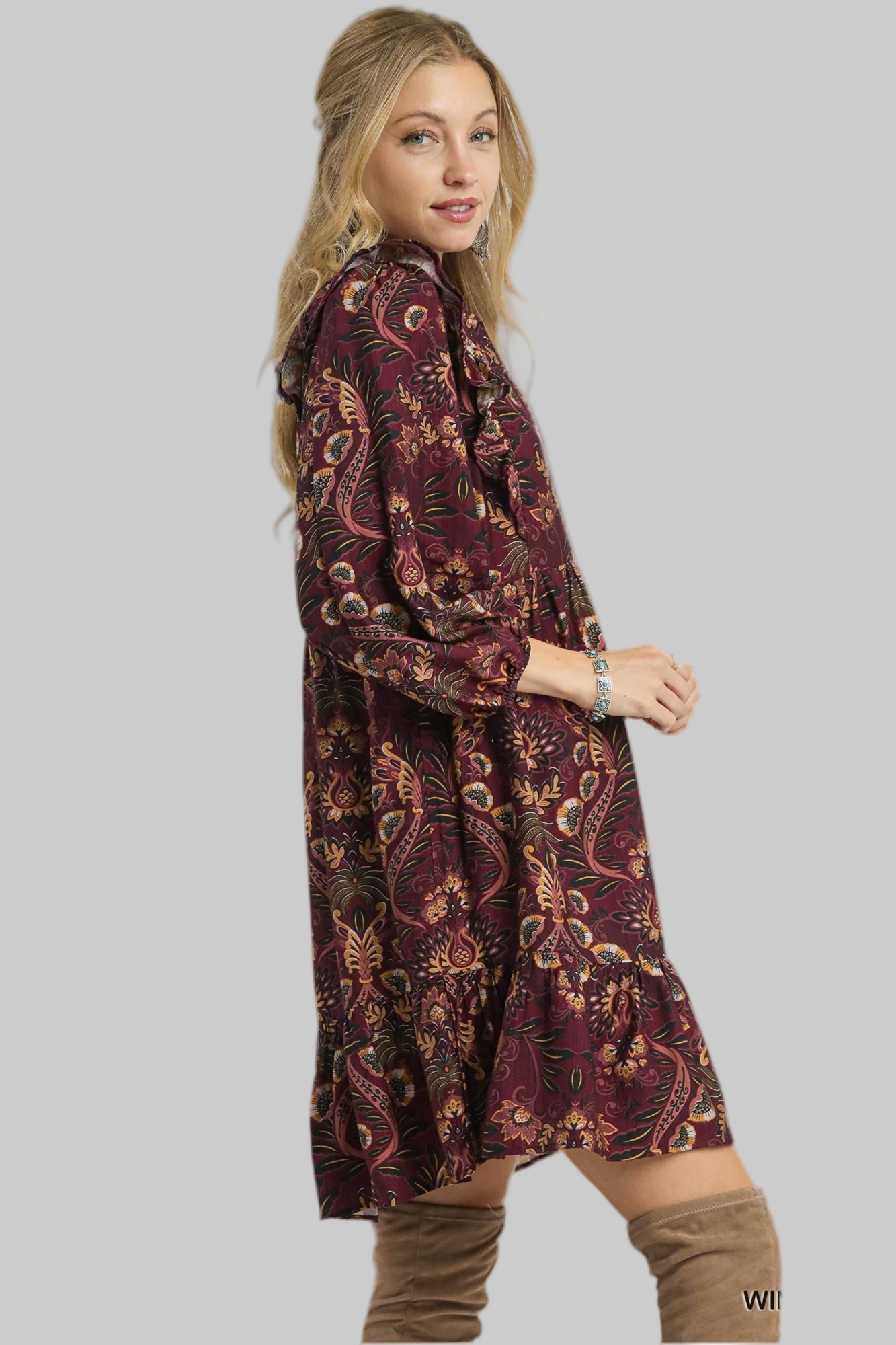 Mandy Mix Floral Long Sleeve Dress Wine