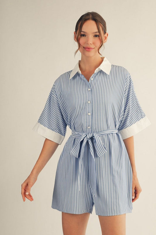 Dana Drop Shoulder Button Down Stripe Romper Sky Blue