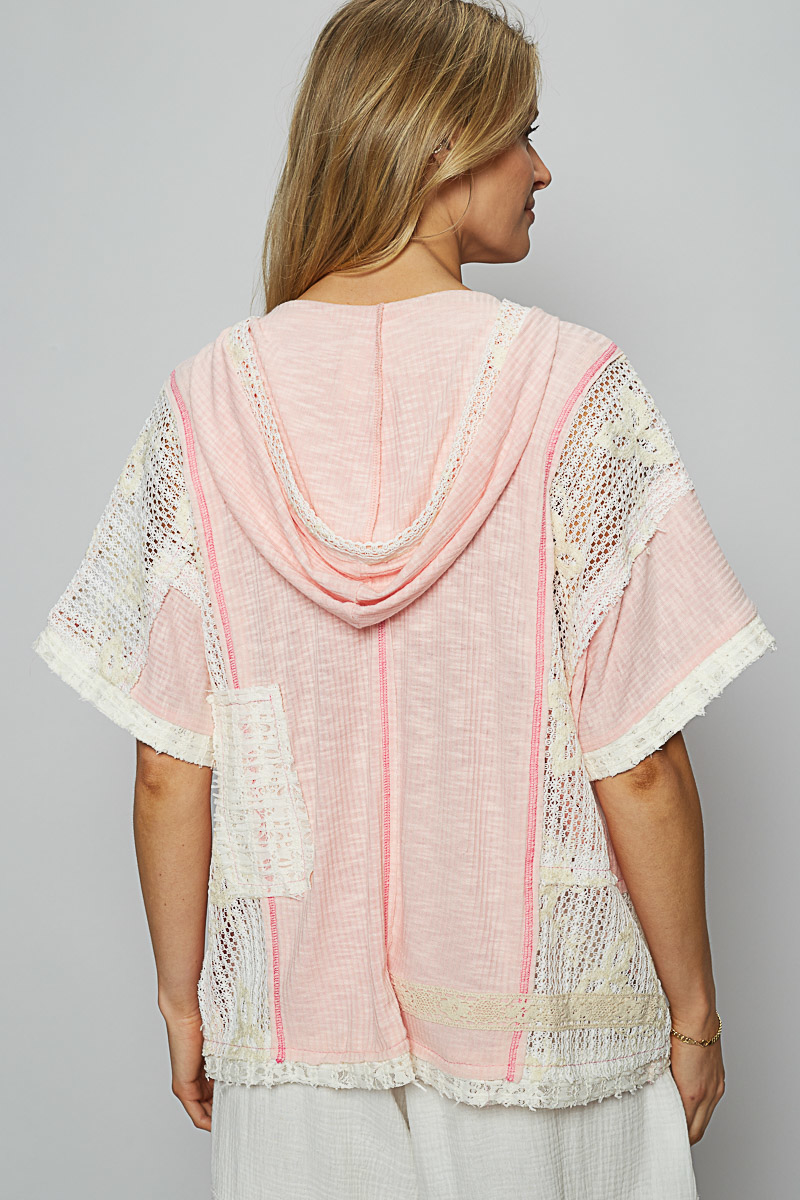 Farrah Floral Lace V-Neck Hoodie Top Blush Pink
