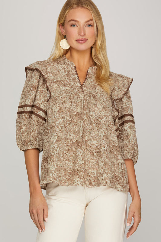 Addy Abstract Floral Print #/4 Sleeve Top Mocha