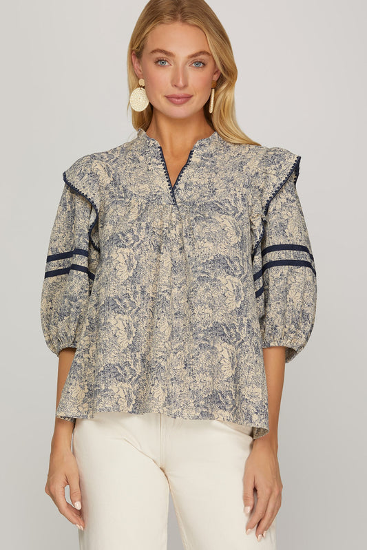 Addy Abstract Floral 3/4 Sleeve Top Navy