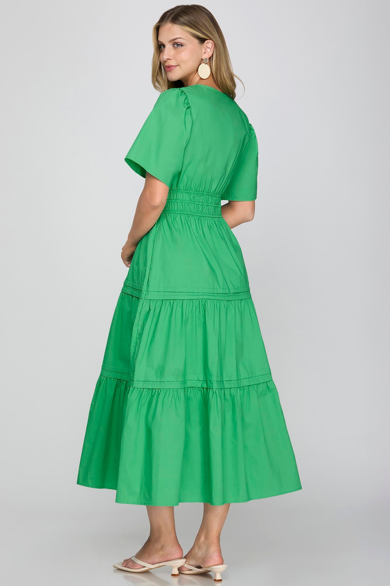 knee length dresses for ladies Payton Poplin V Neck Tiered Midi Dress Green