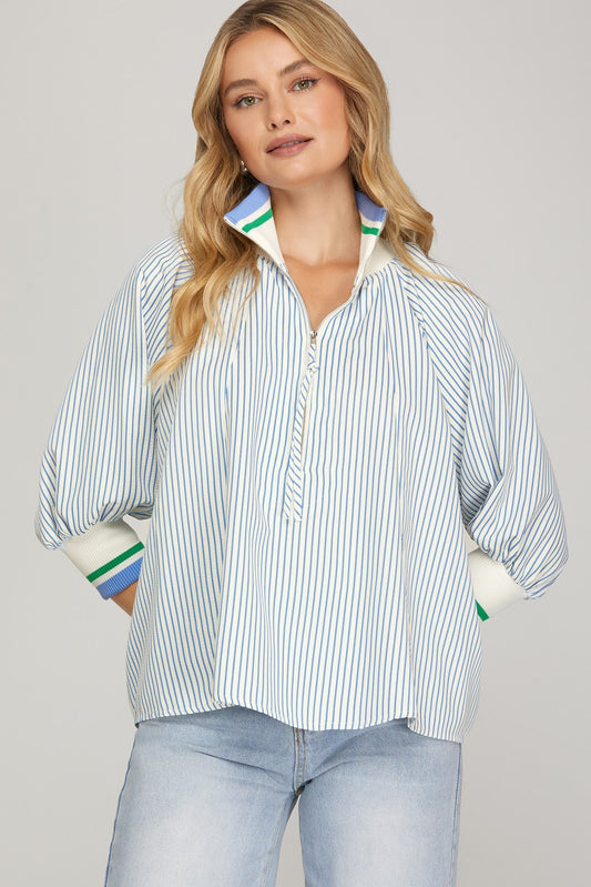 Shemika 3/4 Sleeve Half Zip Striped Top Blue