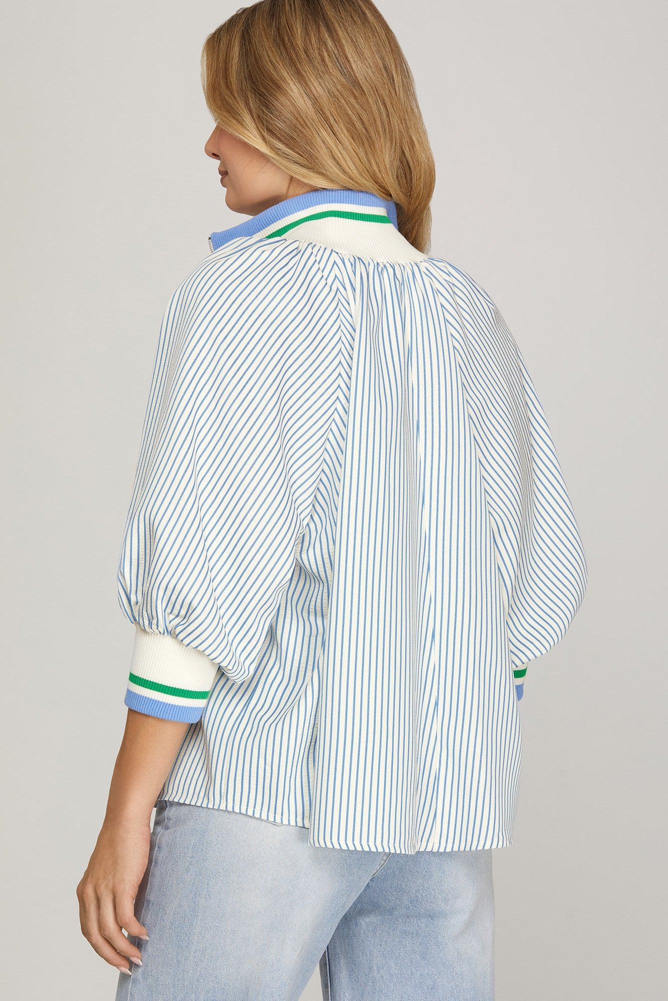 Shemika 3/4 Sleeve Half Zip Striped Top Blue