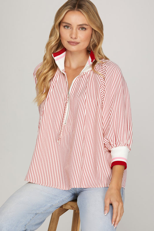 Shemika 3/4 Sleeve Half Zip Striped Top Red