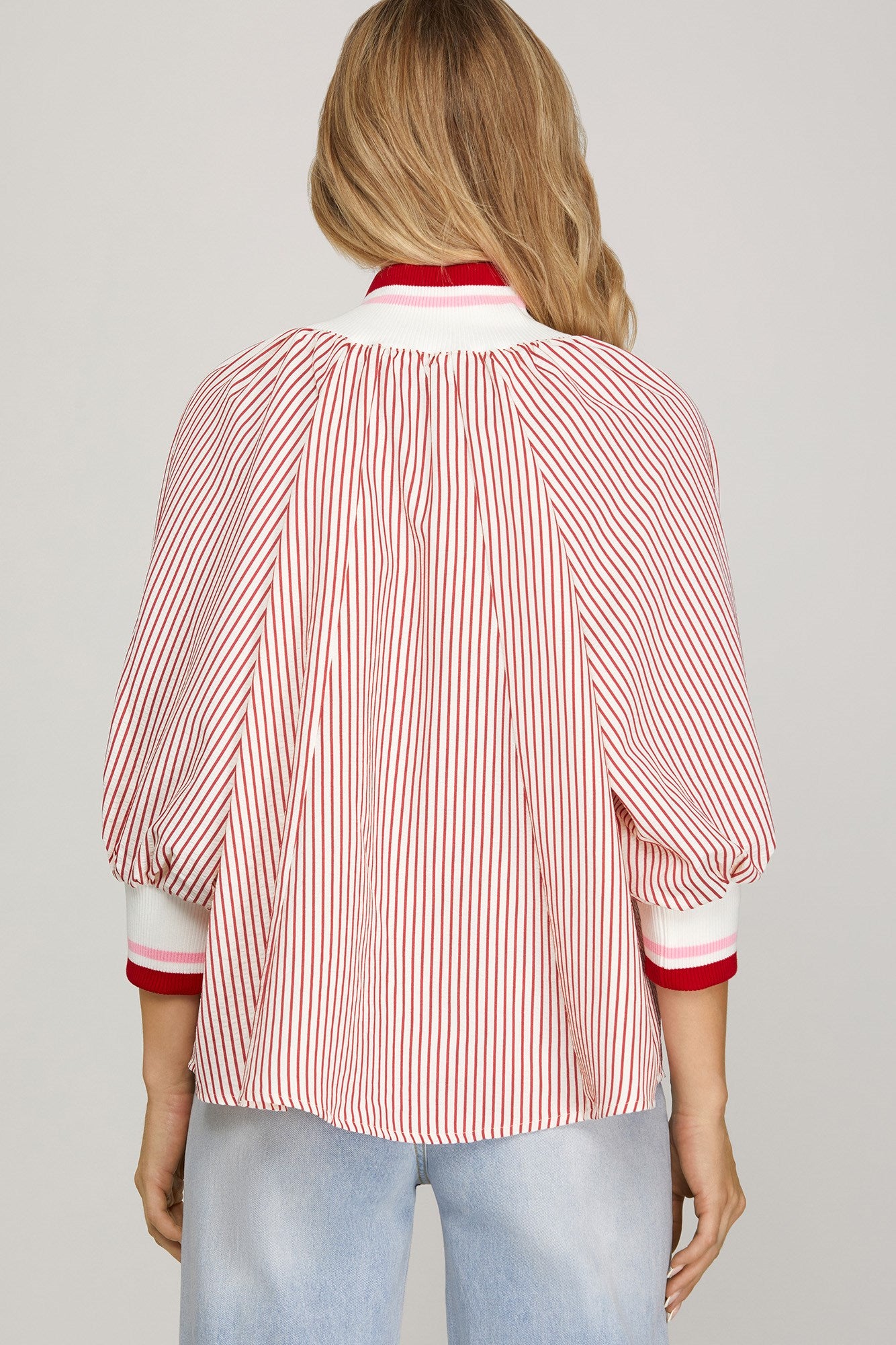 Shemika 3/4 Sleeve Half Zip Striped Top Red