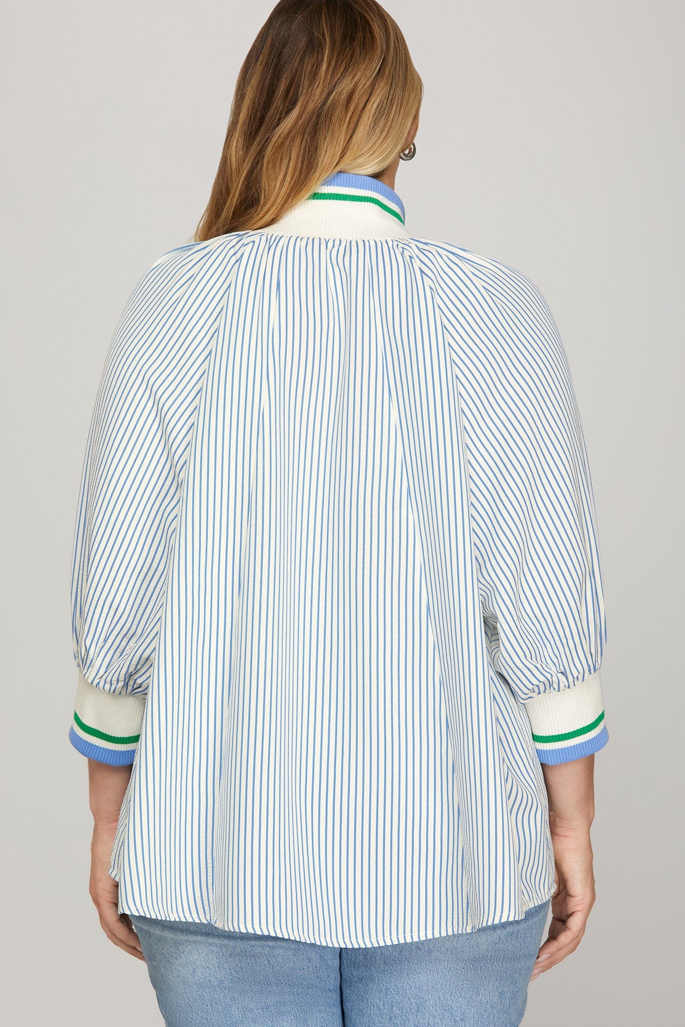 Shemika 3/4 Sleeve Half Zip Striped Top Blue